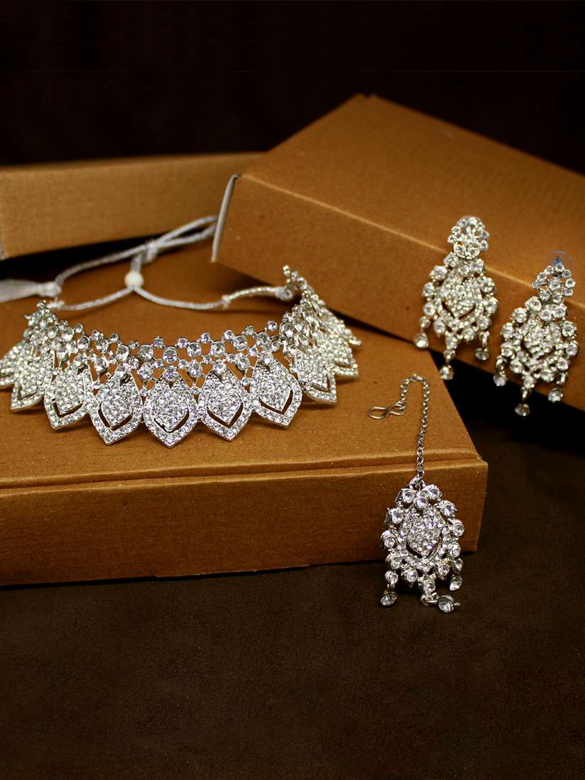 Buy SAIYONI Silver Plated Silver Austrian Diamond Studded Jewellery Set Jewellery Set for Women 18455132 Myntra