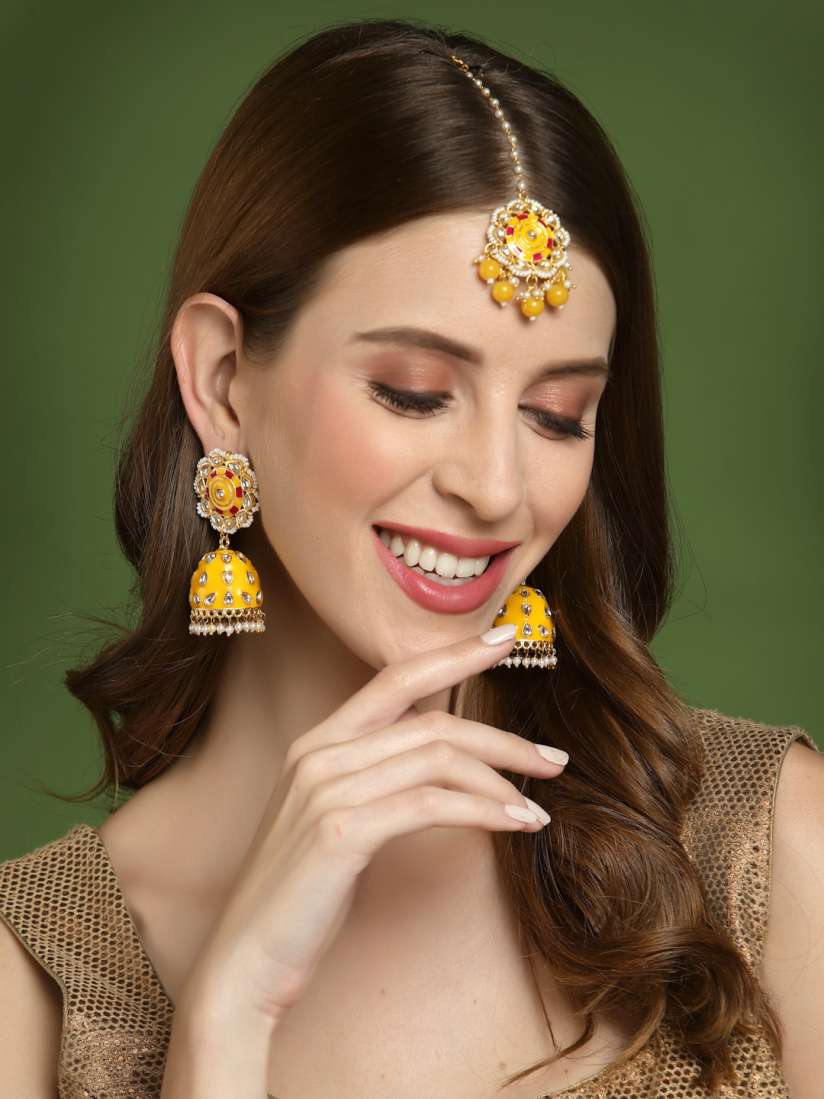 Buy PANASH Yellow Gold Plated Kundan Meenakari Maang Tikka with Earrings Set Jewellery Set for Women 18456032 Myntra