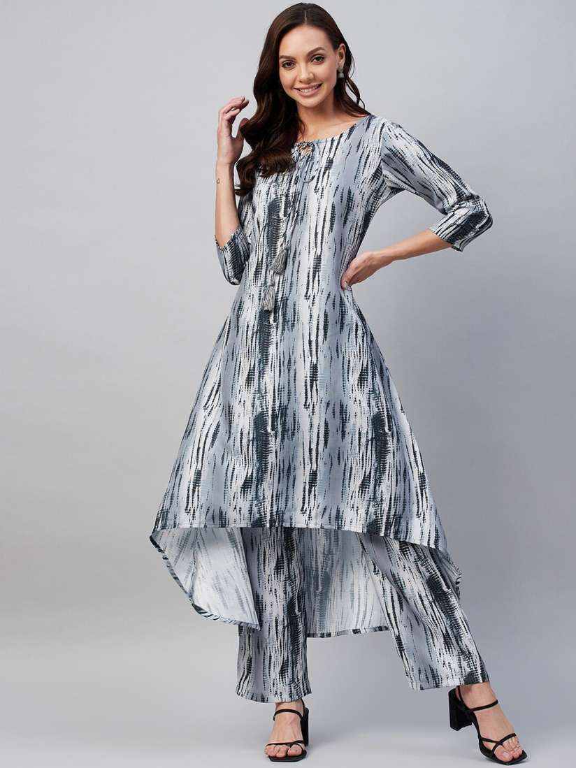 Buy Azira Women Grey Striped Layered Pure Cotton Kurti with Palazzos Kurta Sets for Women 18464810 Myntra