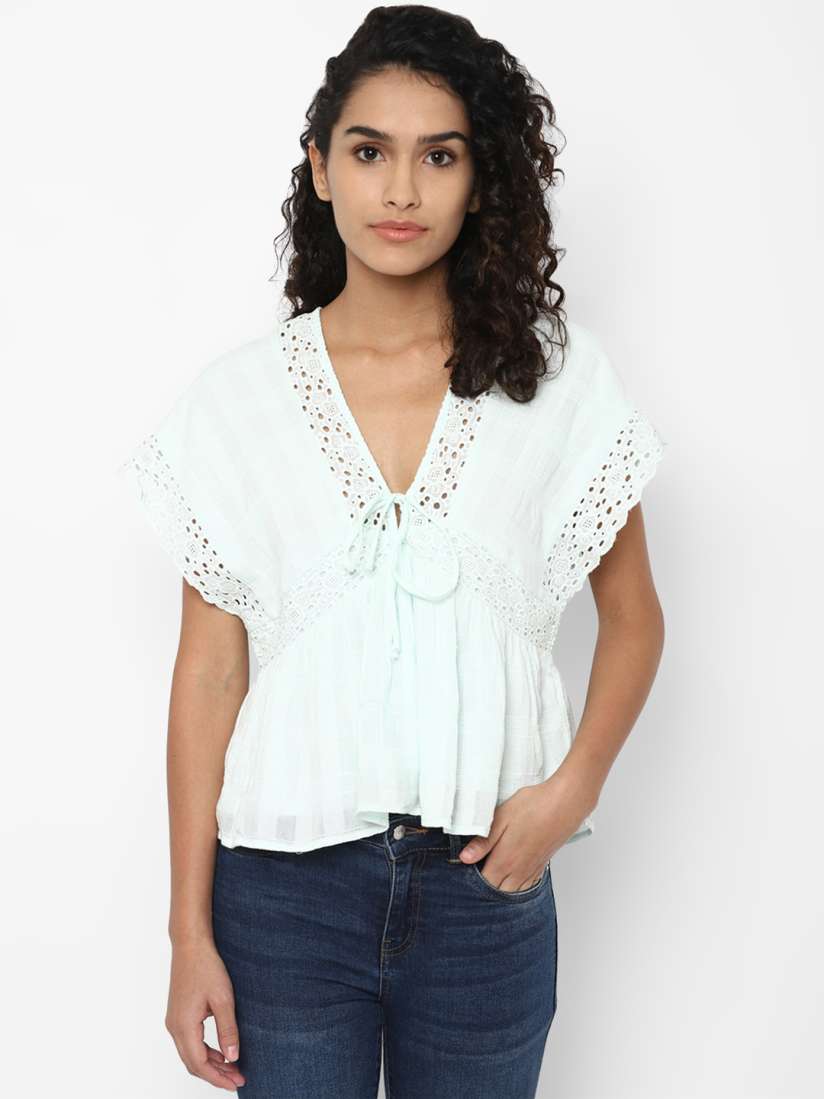 Buy AMERICAN EAGLE OUTFITTERS Green Tie Up Neck Pure Cotton Peplum Top Tops for Women 18465712 Myntra
