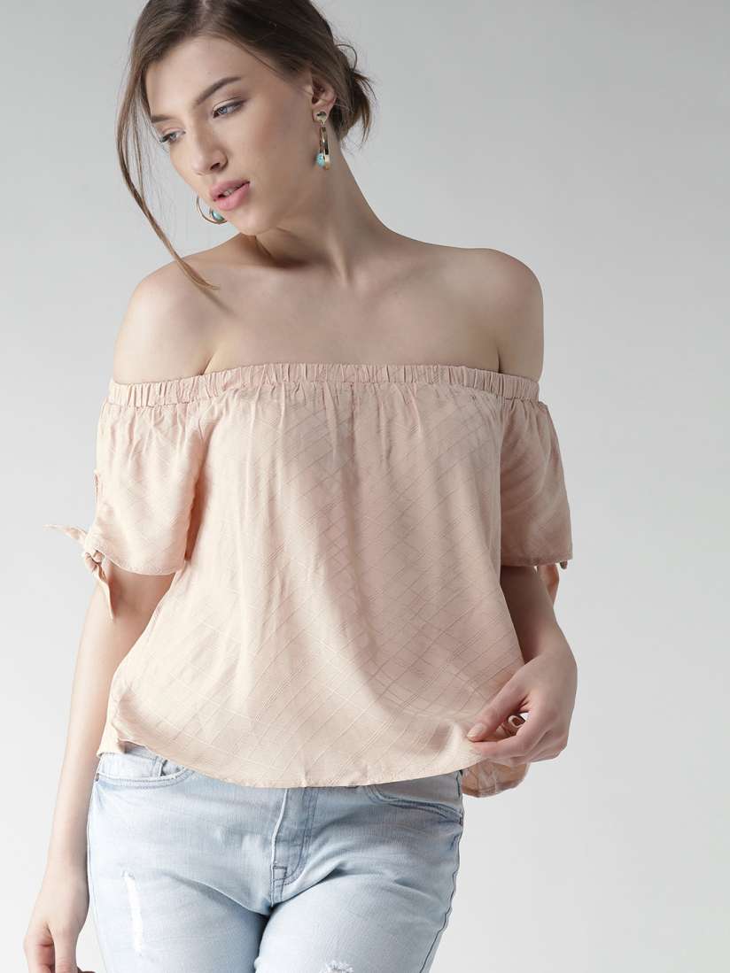 Buy FOREVER 21 Women Pink Self Checked Bardot Top Tops for Women 1846601 Myntra