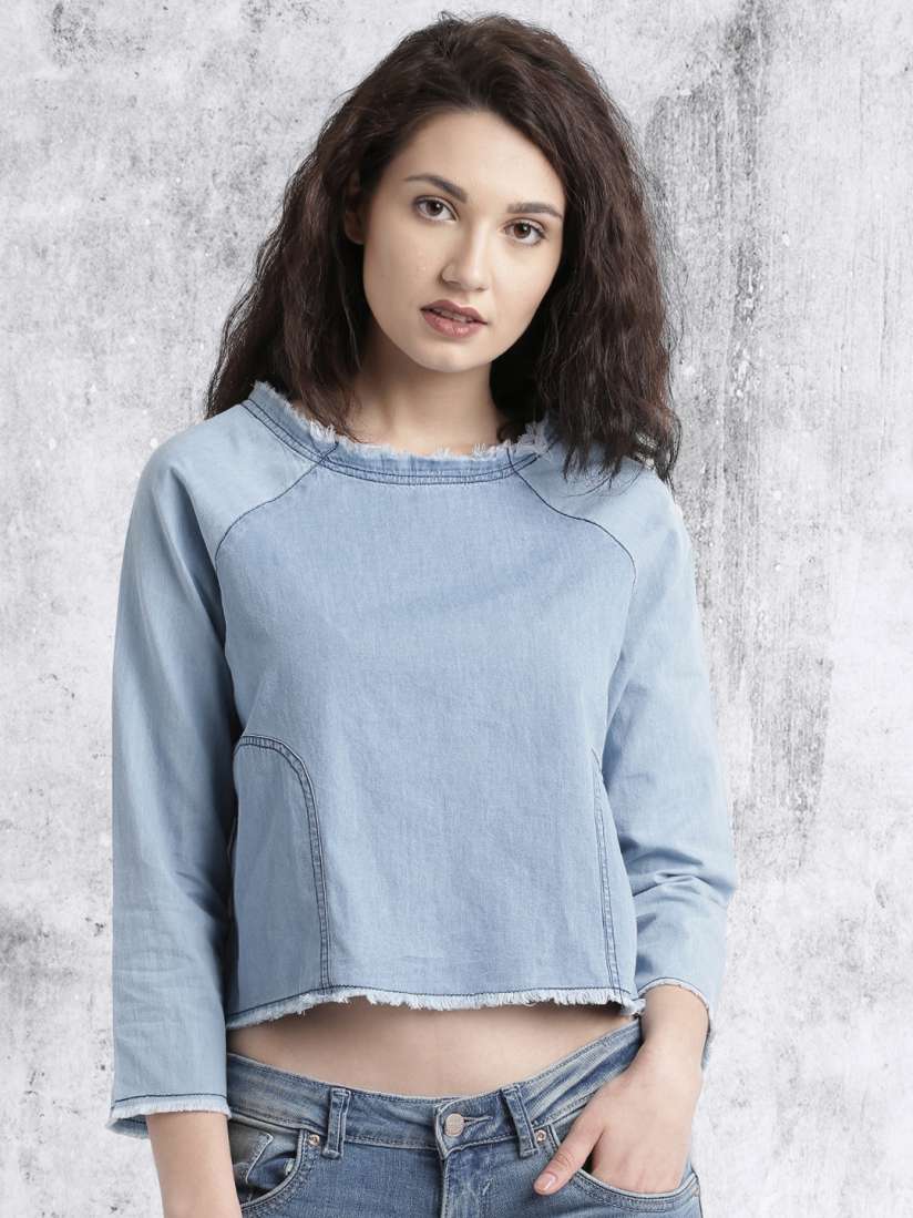 Buy Roadster Women Blue Denim Pure Cotton Top Tops for Women 1848677 Myntra