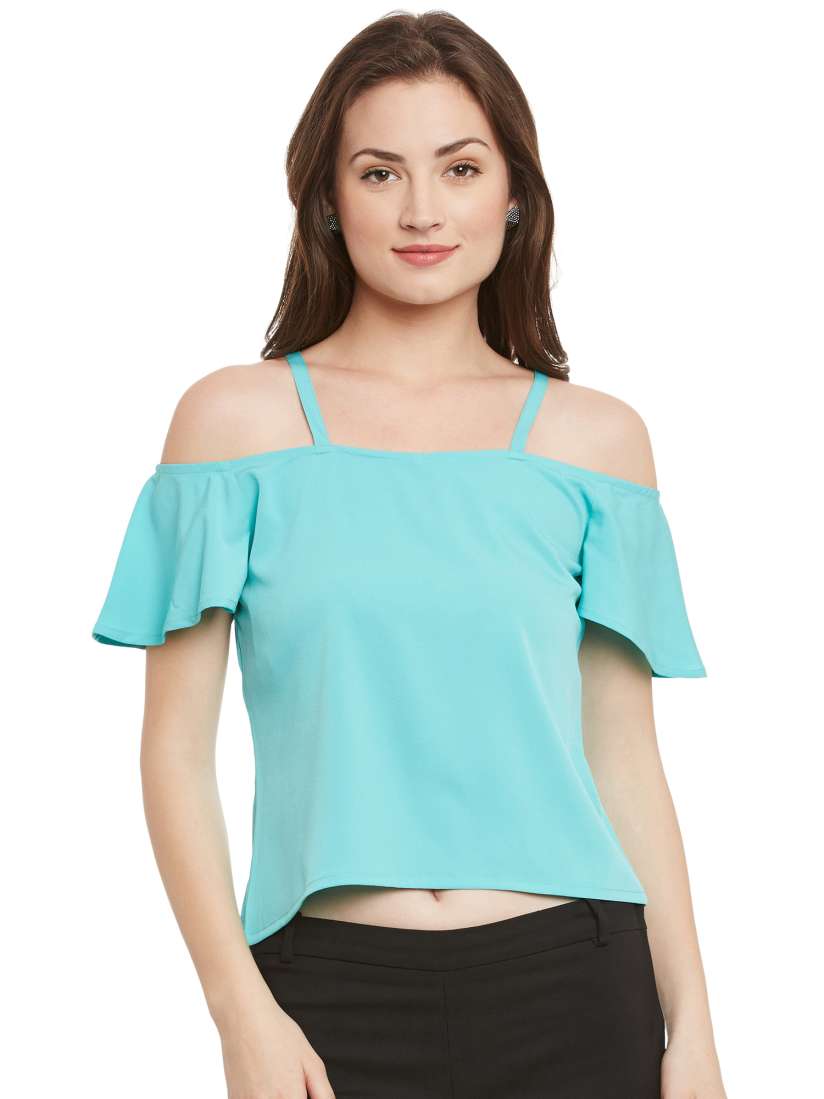 Buy Popnetic Women Turquoise Blue Crepe Crop Bardot Top Tops for Women 1849323 Myntra
