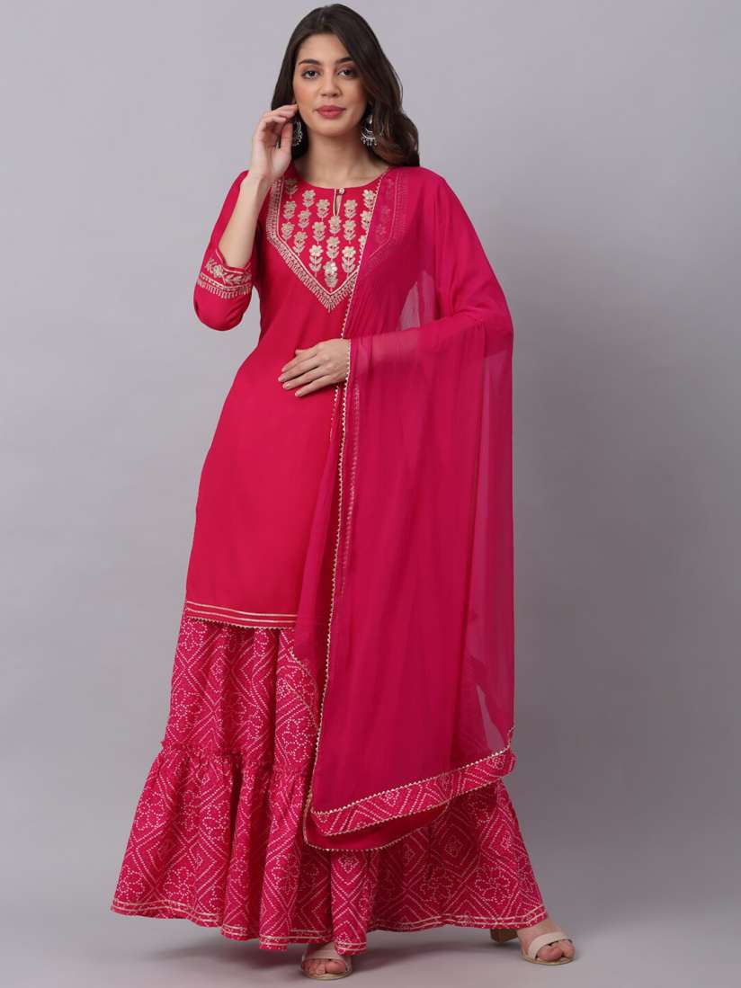 Buy KALINI Women Pink Floral Embroidered Layered Gotta Patti Kurti with Sharara With Dupatta Kurta Sets for Women 18503778 Myntra