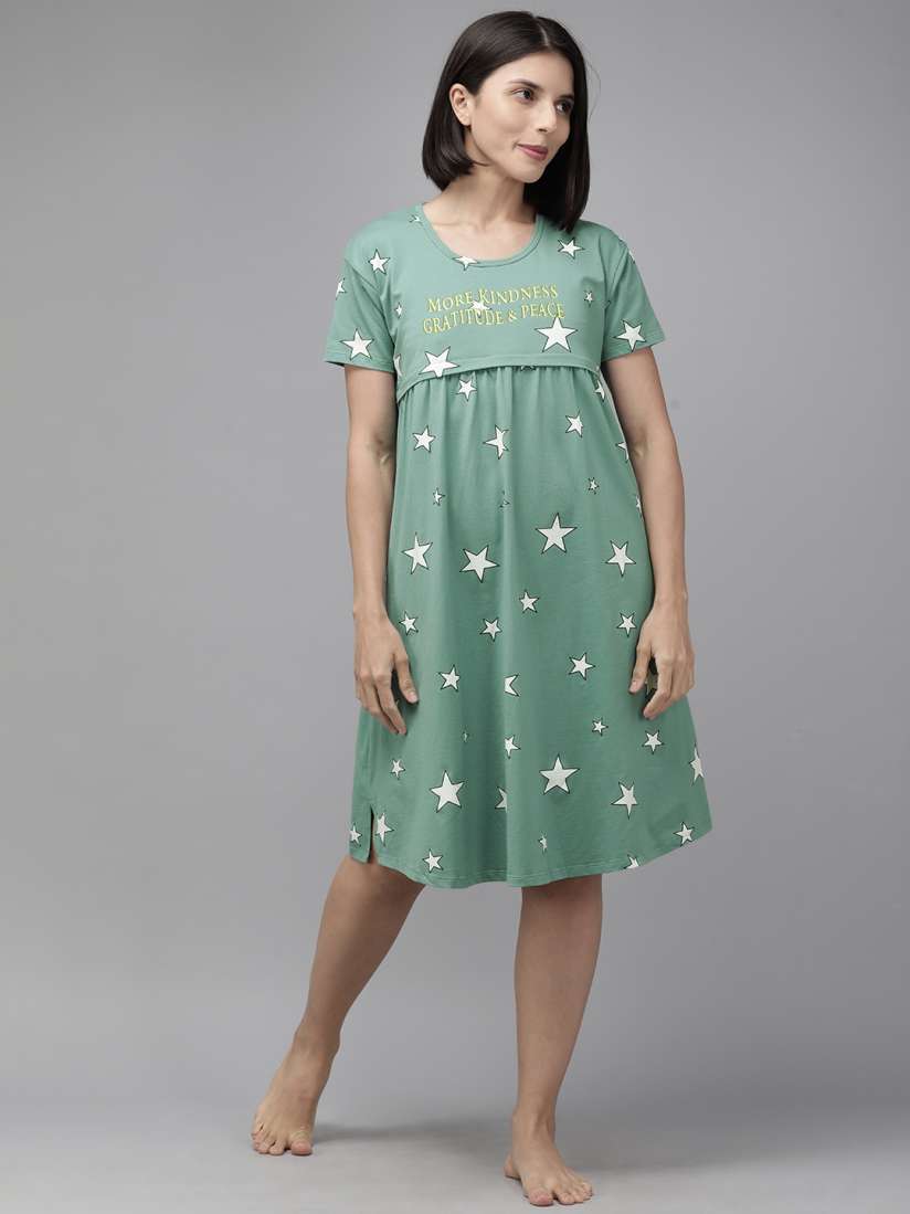 Buy Zeyo Sea Green White Printed Cotton Maternity Feeding Nightdress Nightdress for Women 18511734 Myntra
