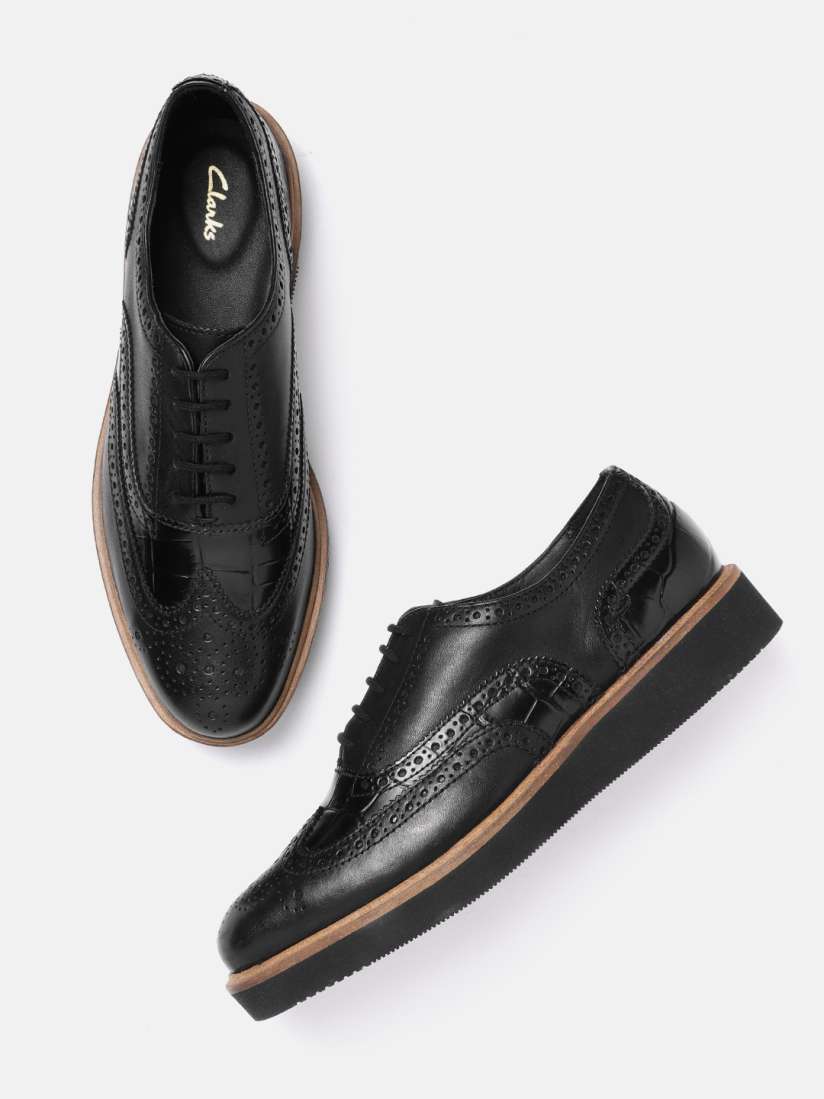 Clarks Women Black Croc Textured Formal Brogues
