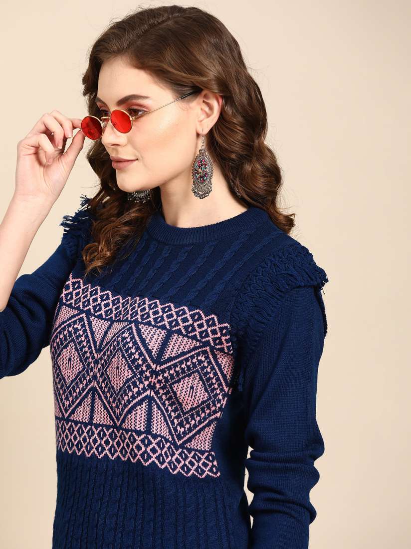 Buy Sangria Women Navy Blue Pink Pullover Sweaters for Women 18526590 Myntra