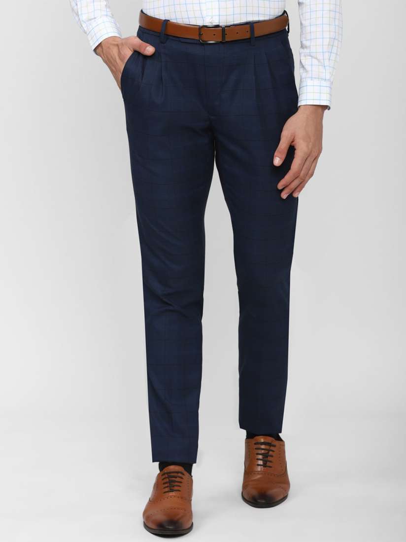 Buy Peter England Men Navy Blue Checked Slim Fit Pleated Trousers Trousers for Men 18532000 Myntra