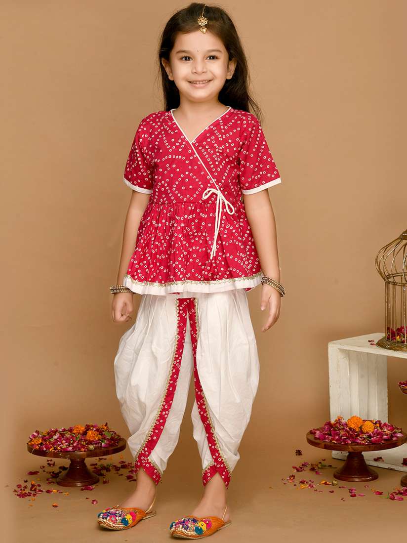 Buy SAKA DESIGNS Girls Magenta Bandhani Printed Angrakha Pure Cotton Kurti with Dhoti Pants Kurta Sets for Girls 18538380 Myntra