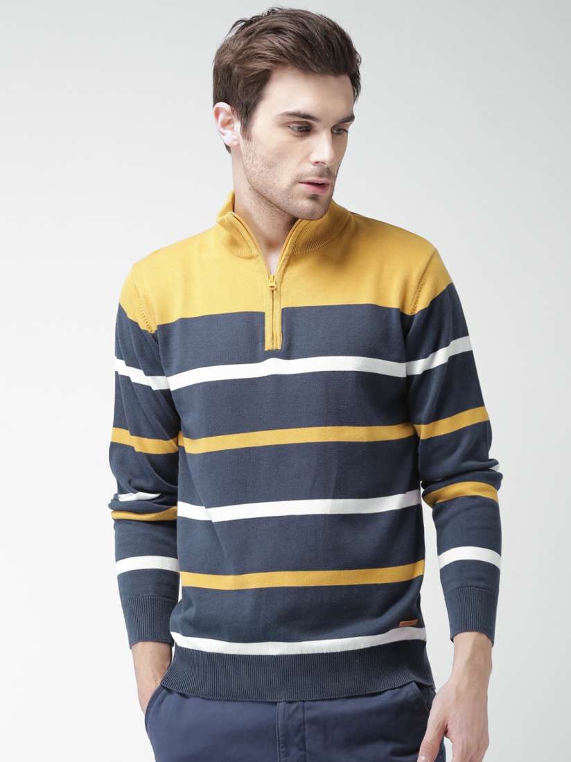 Buy Mast Harbour Men Navy Blue Mustard Yellow Striped Sweater Sweaters for Men 1855767 Myntra