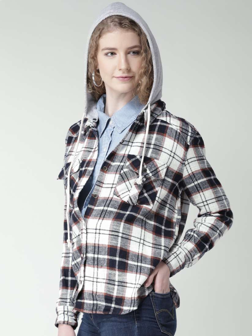 Checked hooded shirt women's 2025