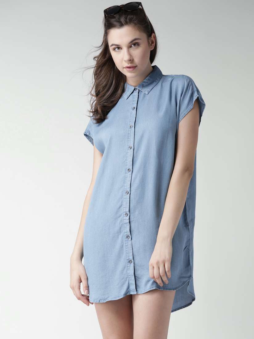 Buy FOREVER 21 Women Blue Solid Denim Mini Shirt Dress Dresses for Women 1857910 Myntra