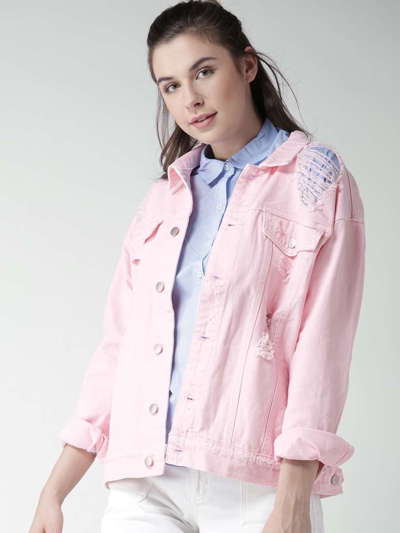 Buy FOREVER 21 Women Pink Solid Distressed Denim Jacket Jackets for Women 1857983 Myntra