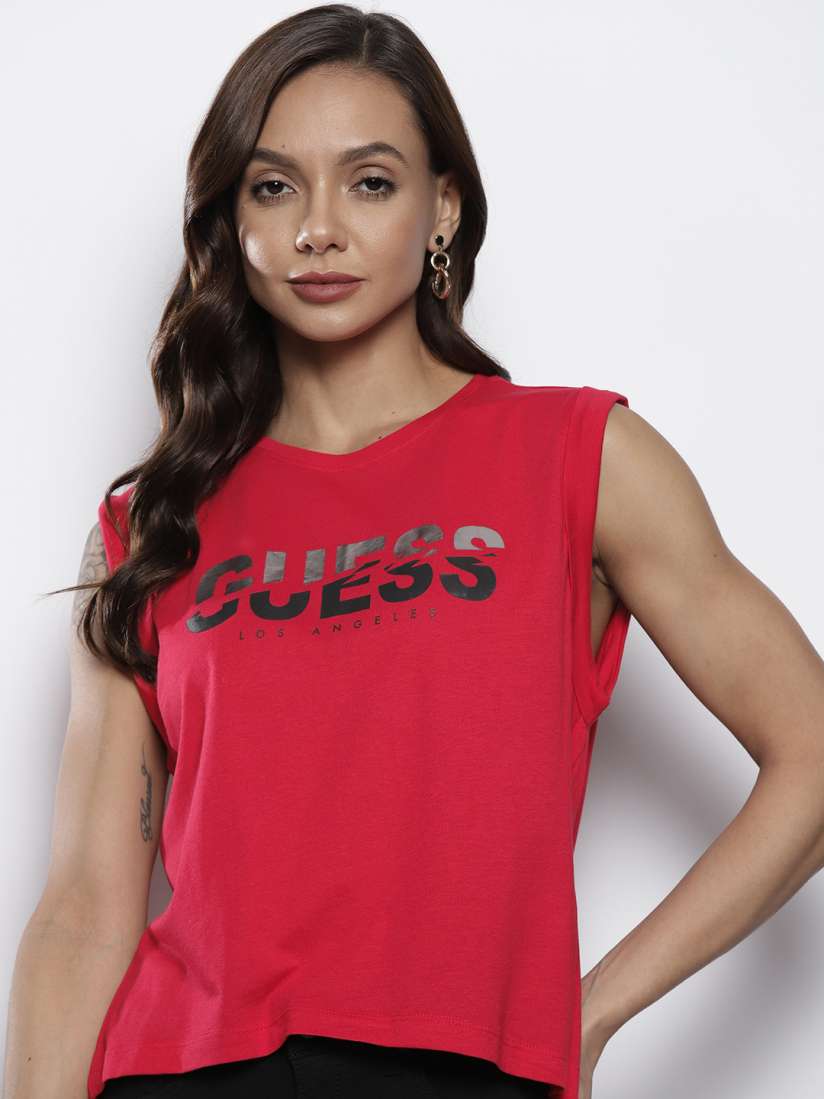 Buy GUESS Women Red Black Brand Logo Print Pure Cotton T shirt Tshirts for Women 18582888 Myntra