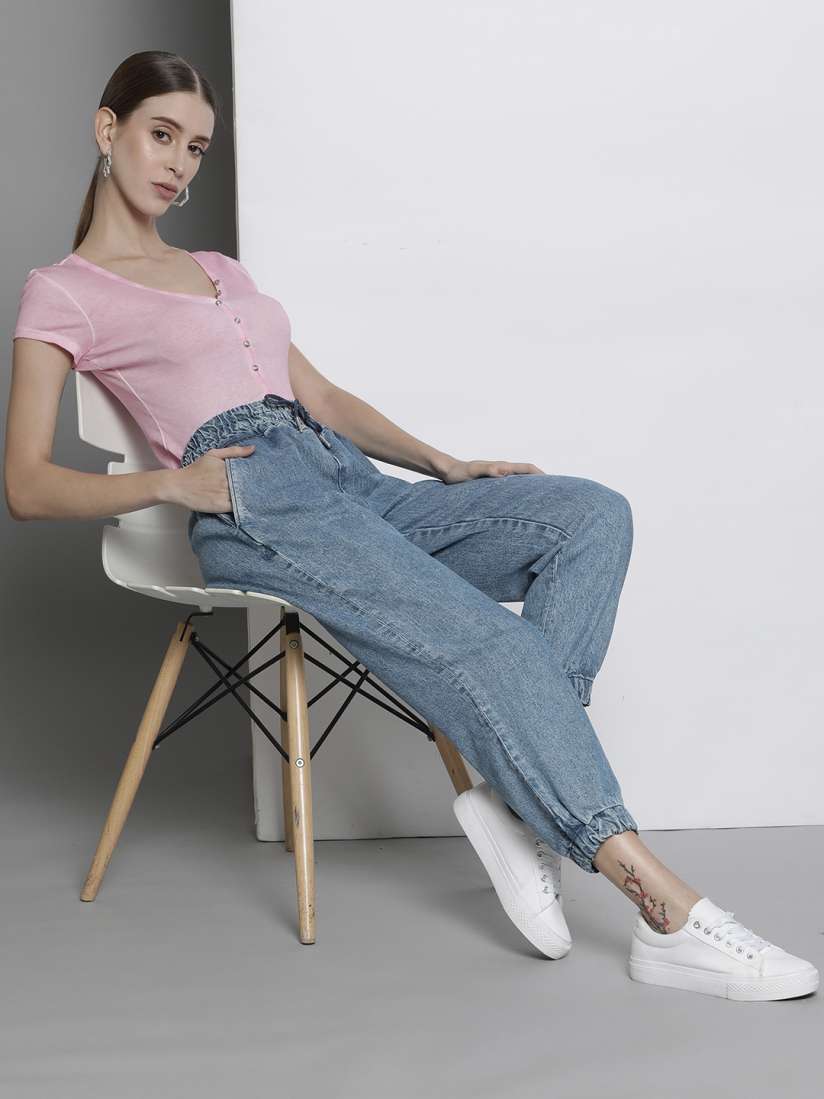 Buy GUESS Women Blue Solid Pleated Denim Joggers Trousers for Women 18583534 Myntra