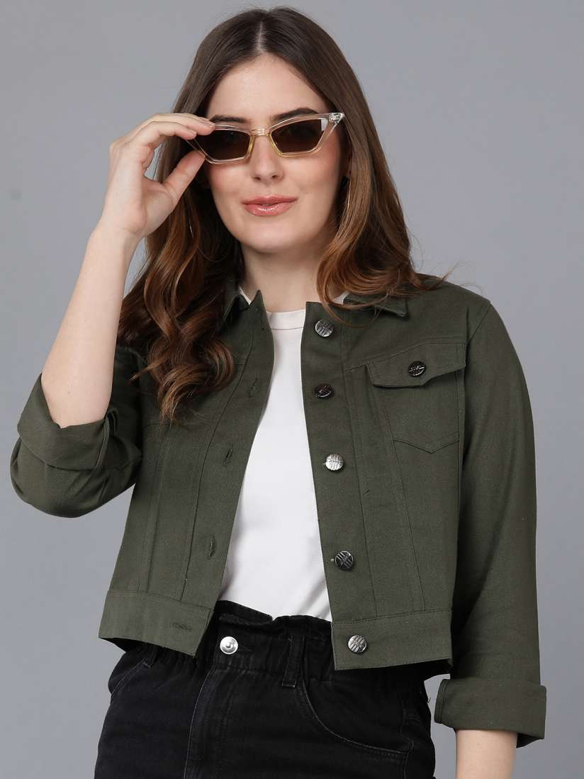 Buy MONTREZ Women Olive Green Crop Denim Jacket Jackets for Women 18594044 Myntra
