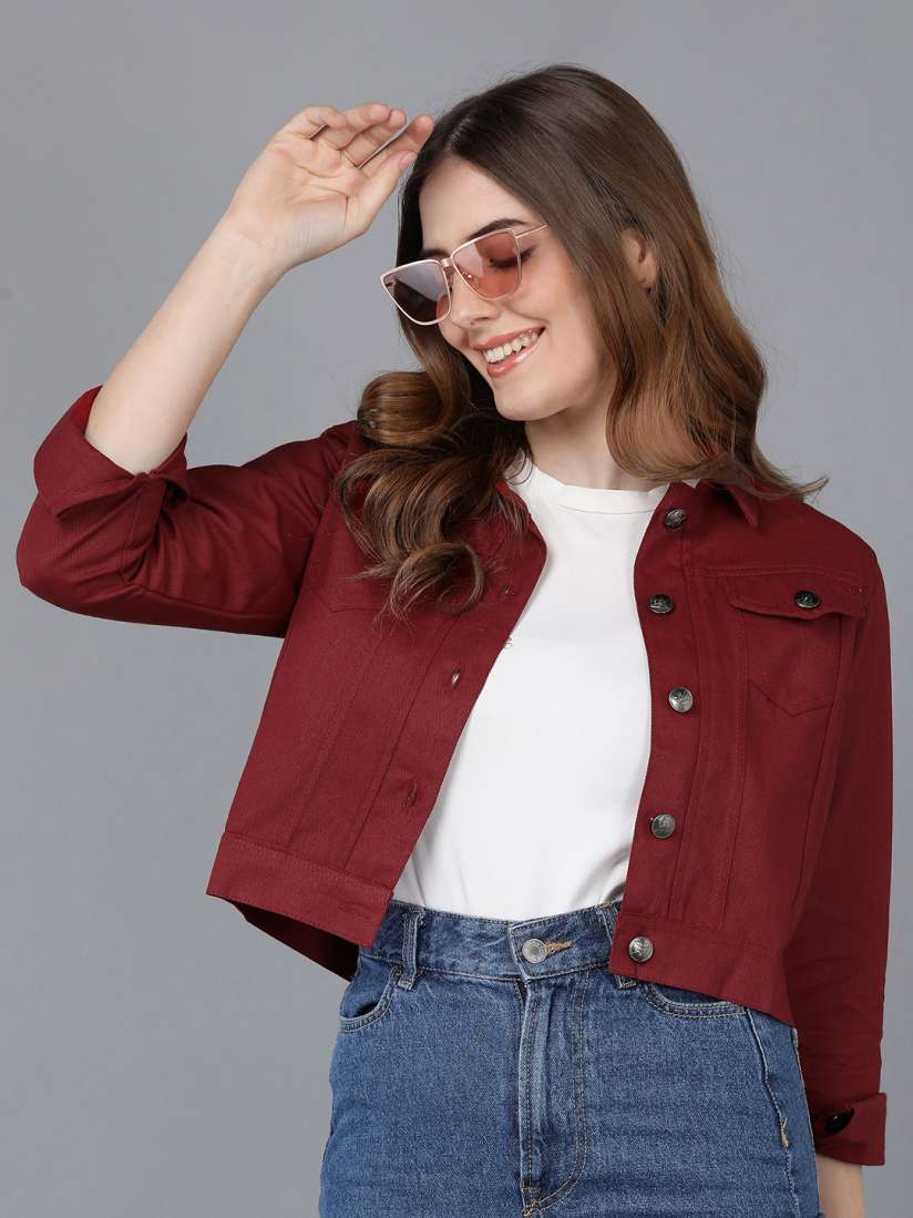 Maroon denim jacket sale