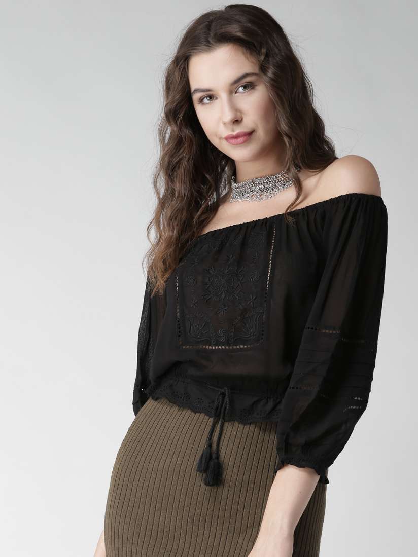 Buy FOREVER 21 Women Black Semi Sheer Bardot Top Tops for Women 1859793 Myntra