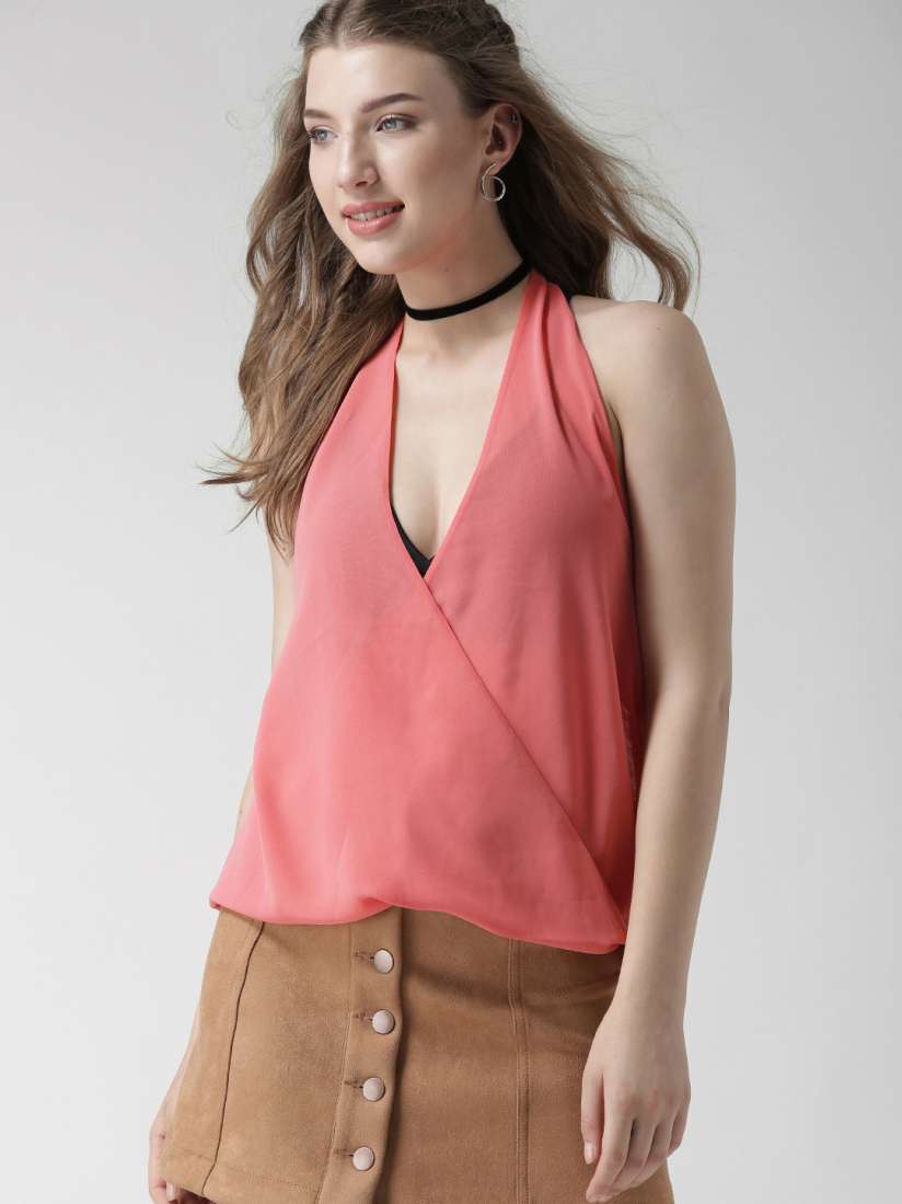 Buy FOREVER 21 Women Coral Pink Solid Wrap Semi Sheer Top Tops for Women 1859945 Myntra