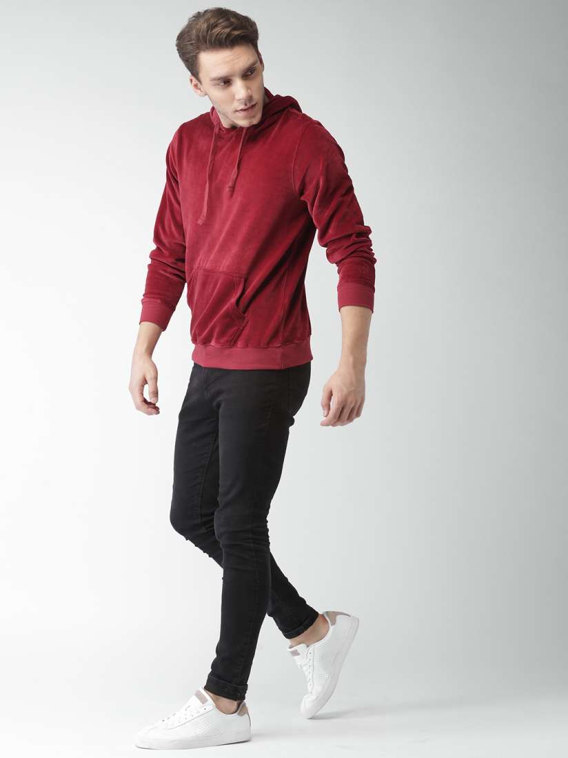 Buy Mast Harbour Men Maroon Solid Hooded Velvet Sweatshirt Sweatshirts for Men 1860187 Myntra