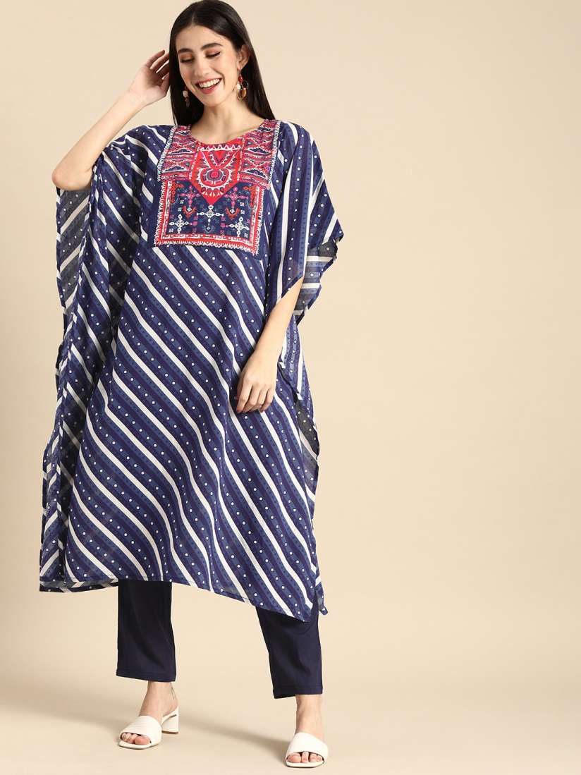 Buy Anouk Women Blue White Striped Printed Pure Cotton kaftan Kurta with Trousers Kurta Sets for Women 18602806 Myntra