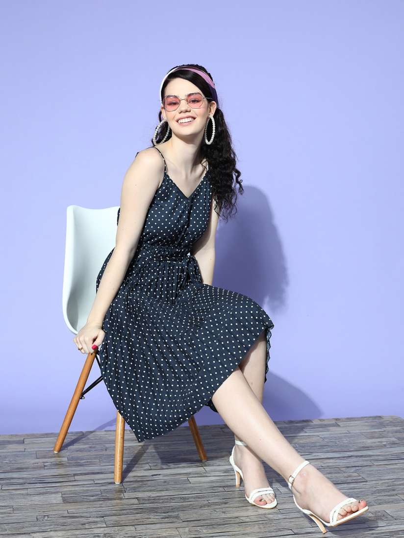 Buy Berrylush Women Deep Navy Blue Polka Dotted Spaghetti Straps Dress Dresses for Women 18628522 Myntra