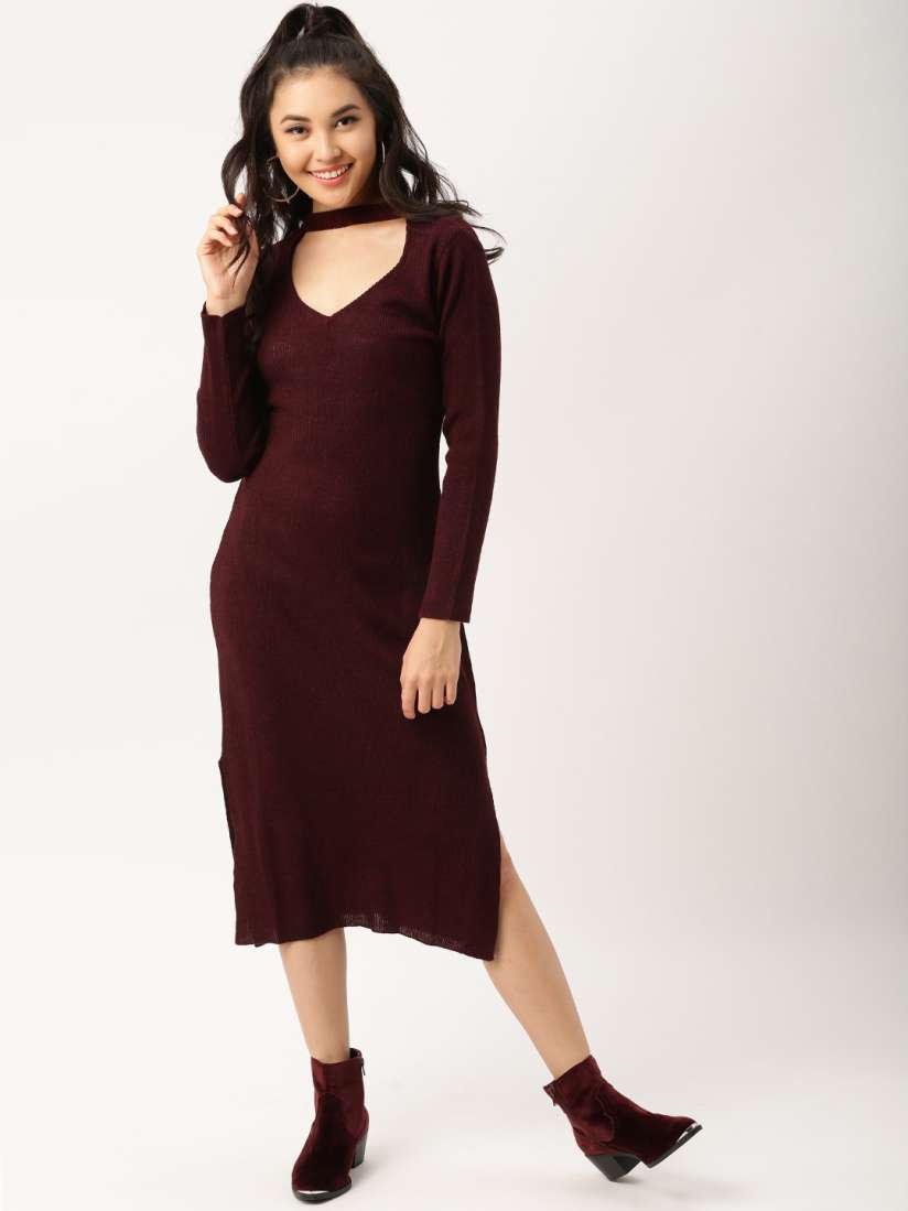 Buy DressBerry Women Maroon Ribbed Choker Sweater Dress Dresses for Women 1863520 Myntra