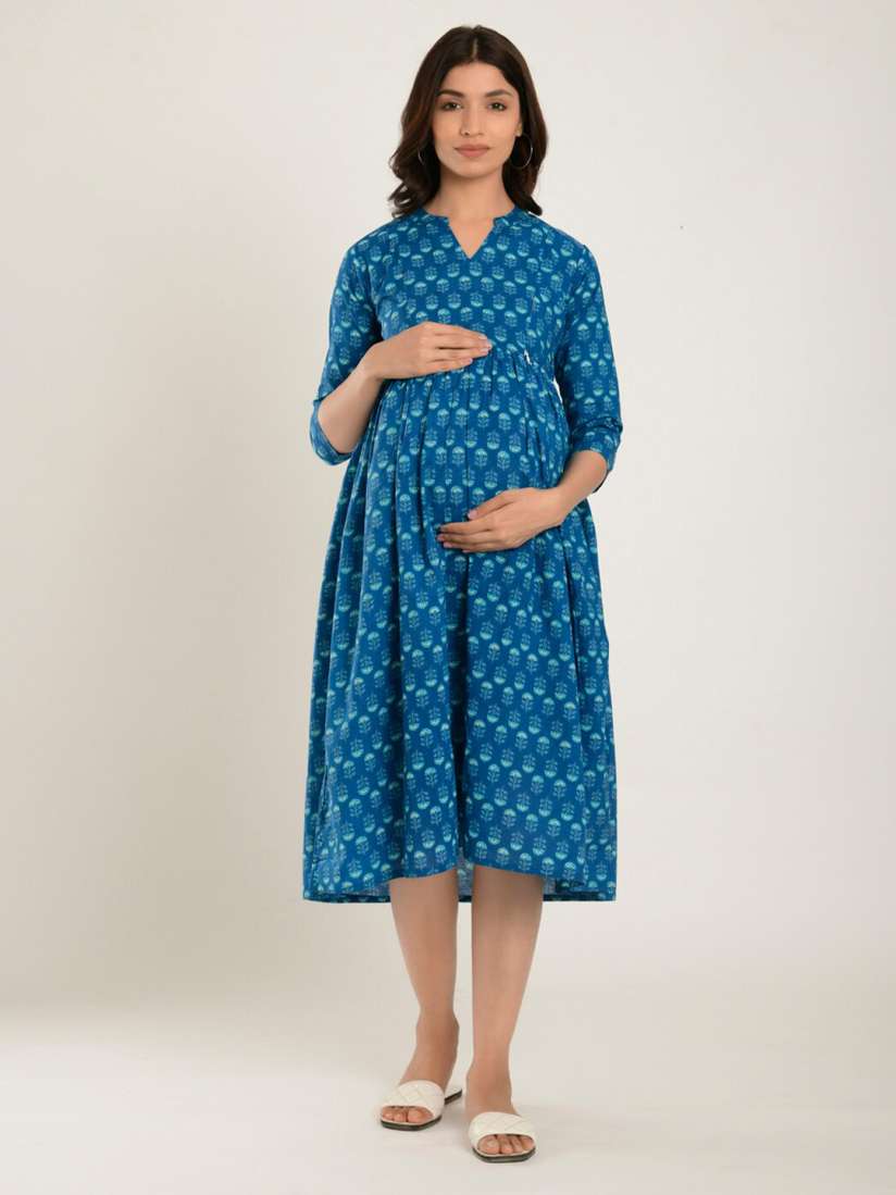 Buy CRAFIQA Blue Floral Maternity Nursing Cotton A Line Midi Dress Dresses for Women 18669886 Myntra