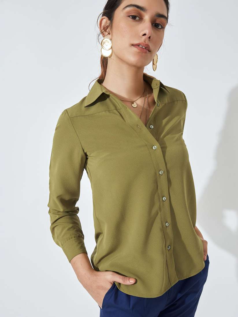 Olive green dress shirt top