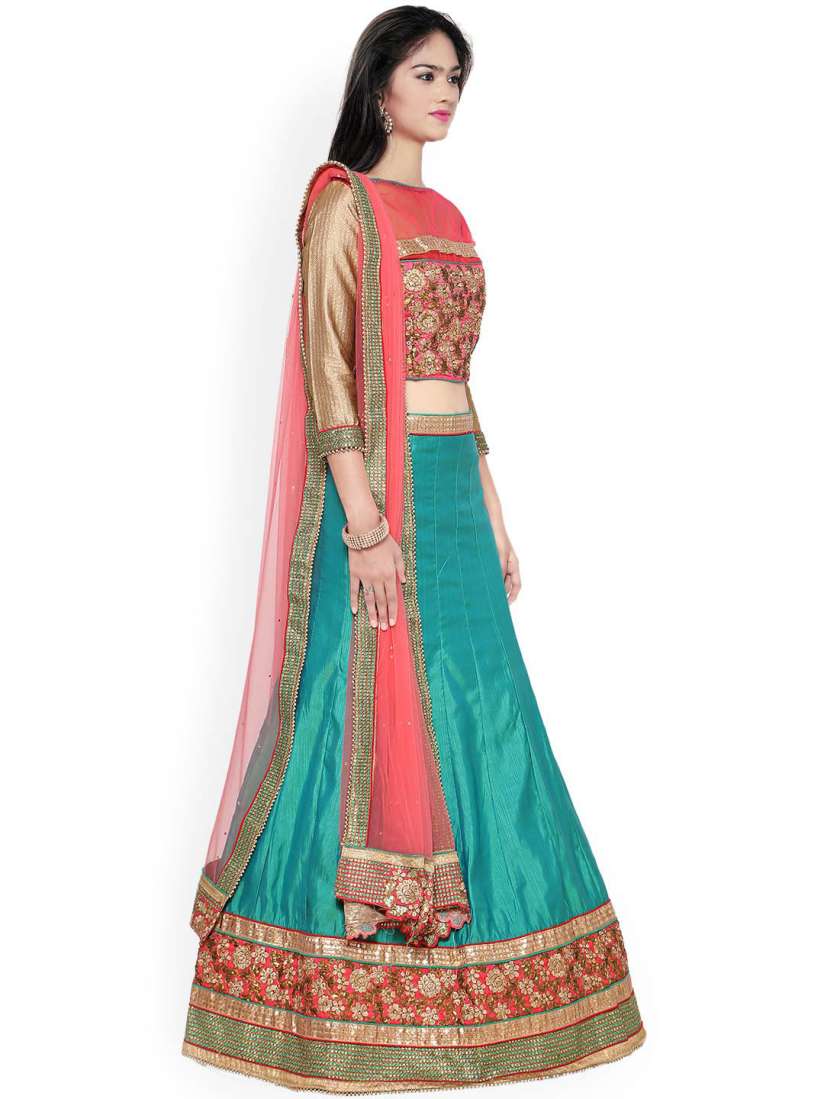Buy Aasvaa Green Pink Embroidered Banarasi Silk Semi Stitched Lehenga Choli With Dupatta Lehenga Choli for Women 1870389 Myntra