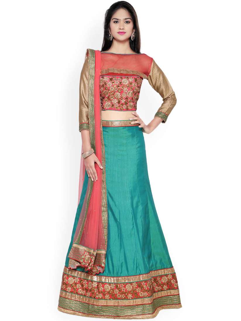 Buy Aasvaa Green Pink Embroidered Banarasi Silk Semi Stitched Lehenga Choli With Dupatta Lehenga Choli for Women 1870389 Myntra