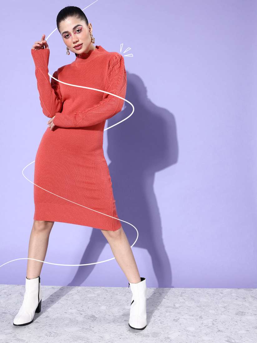 Buy Mast Harbour Coral Orange Knitted Cold Crush Sweater Dress Dresses for Women 18704812 Myntra