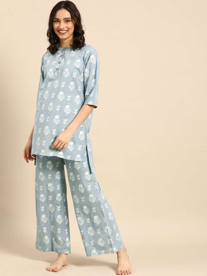 Buy Clt s Women Blue White Printed Pure Cotton Pyjamas Set Night suits for Women 18727562 Myntra