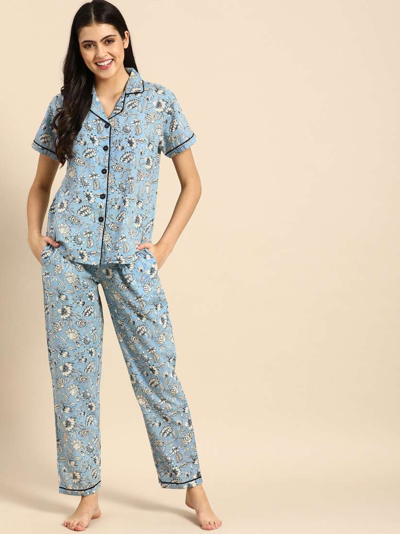 Buy Clt s Women Blue White Printed Pure Cotton Pyjamas Set Night suits for Women 18727576 Myntra