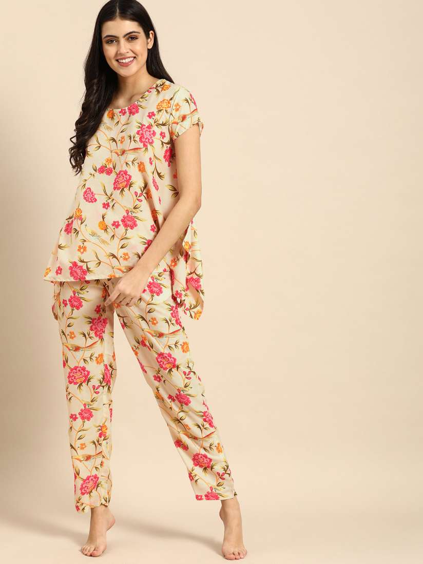 Buy Clt s Women Cream Coloured Pink Printed Pyjamas Set Night suits for Women 18727620 Myntra