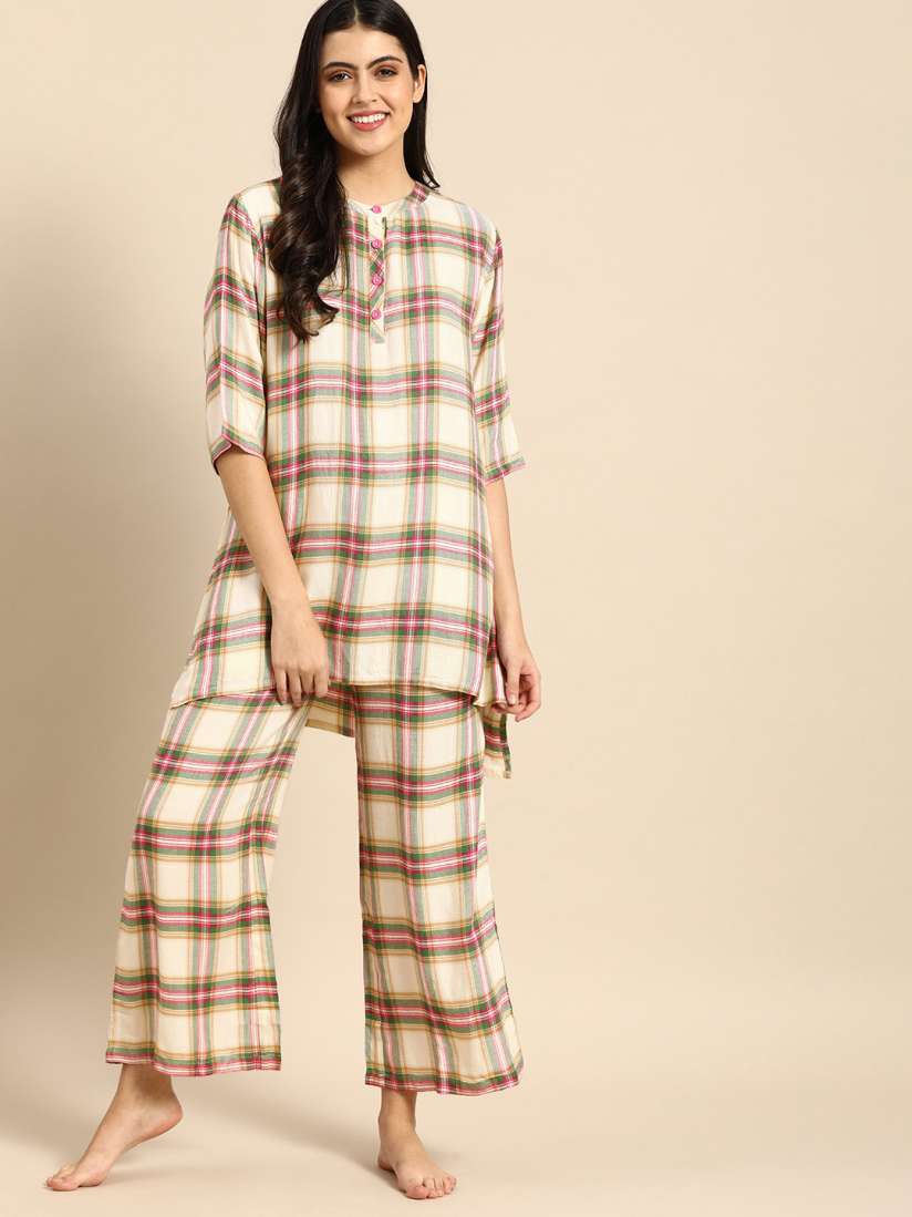 Buy Clt s Women Cream Coloured Green Checked Pure Cotton Pyjamas Set Night suits for Women 18727652 Myntra