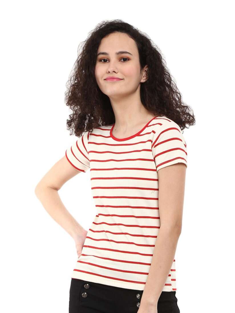 Buy V Mart Women Red marshmallow Striped V Neck Extended Sleeves T shirt Tshirts for Women 18737422 Myntra