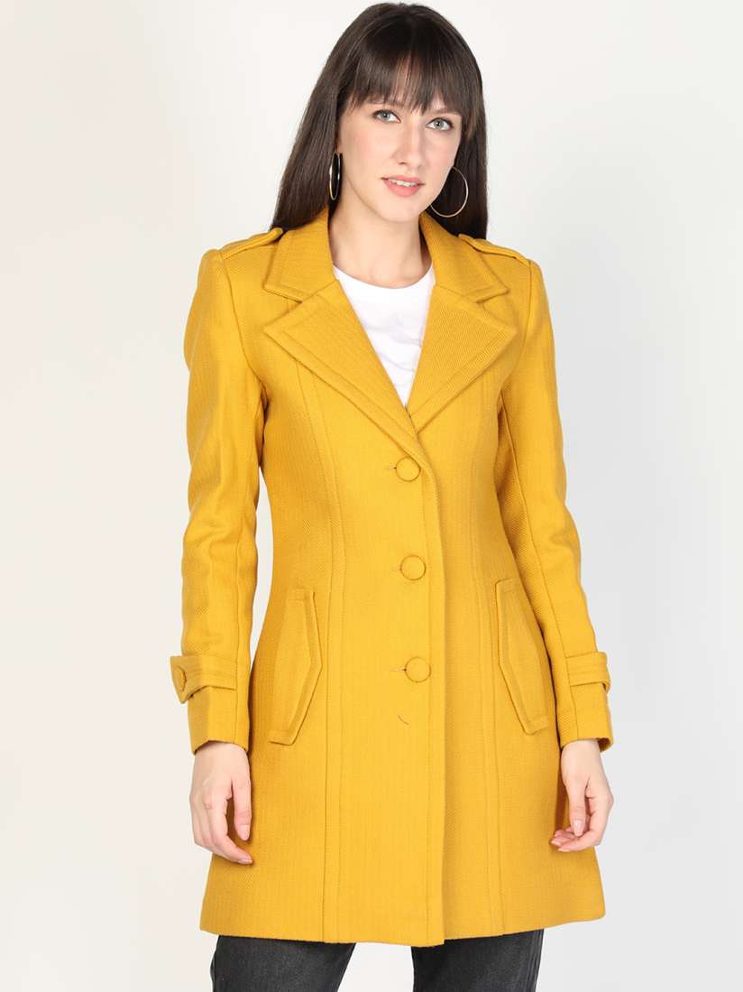 Buy HONNETE Women Mustard Yellow Solid Notched Lapel Collar Acrylic Longline Trench Coat Coats for Women 18743698 Myntra