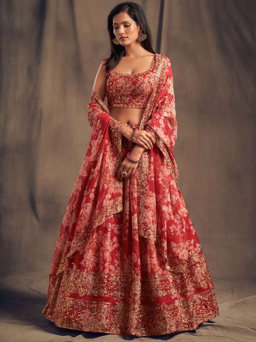 Buy FABPIXEL Red Gold Toned Embroidered Sequinned Shibori Semi Stitched Lehenga Unstitched Blouse With Lehenga Choli for Women 18743882 Myntra