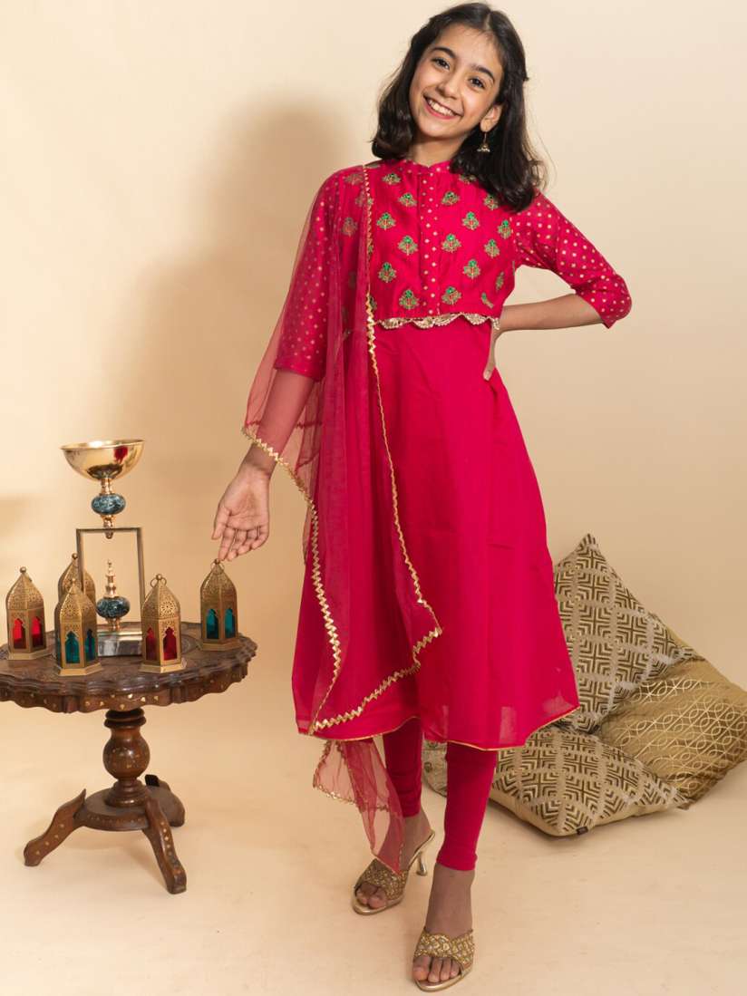 Buy BANI KIDS Girls Pink Yoke Design Layered Chanderi Cotton Kurta with Churidar With Dupatta Kurta Sets for Girls 18748820 Myntra