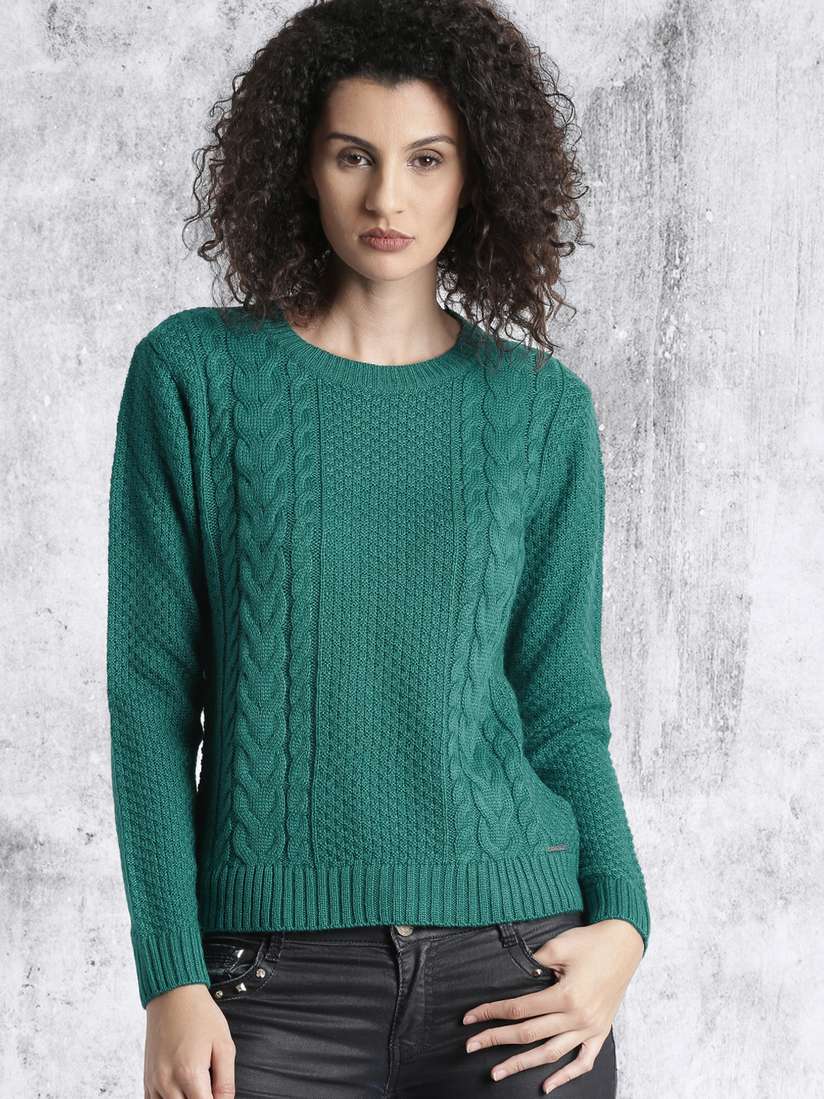 Buy Roadster Women Green Self-Design Pullover Sweaters for Women