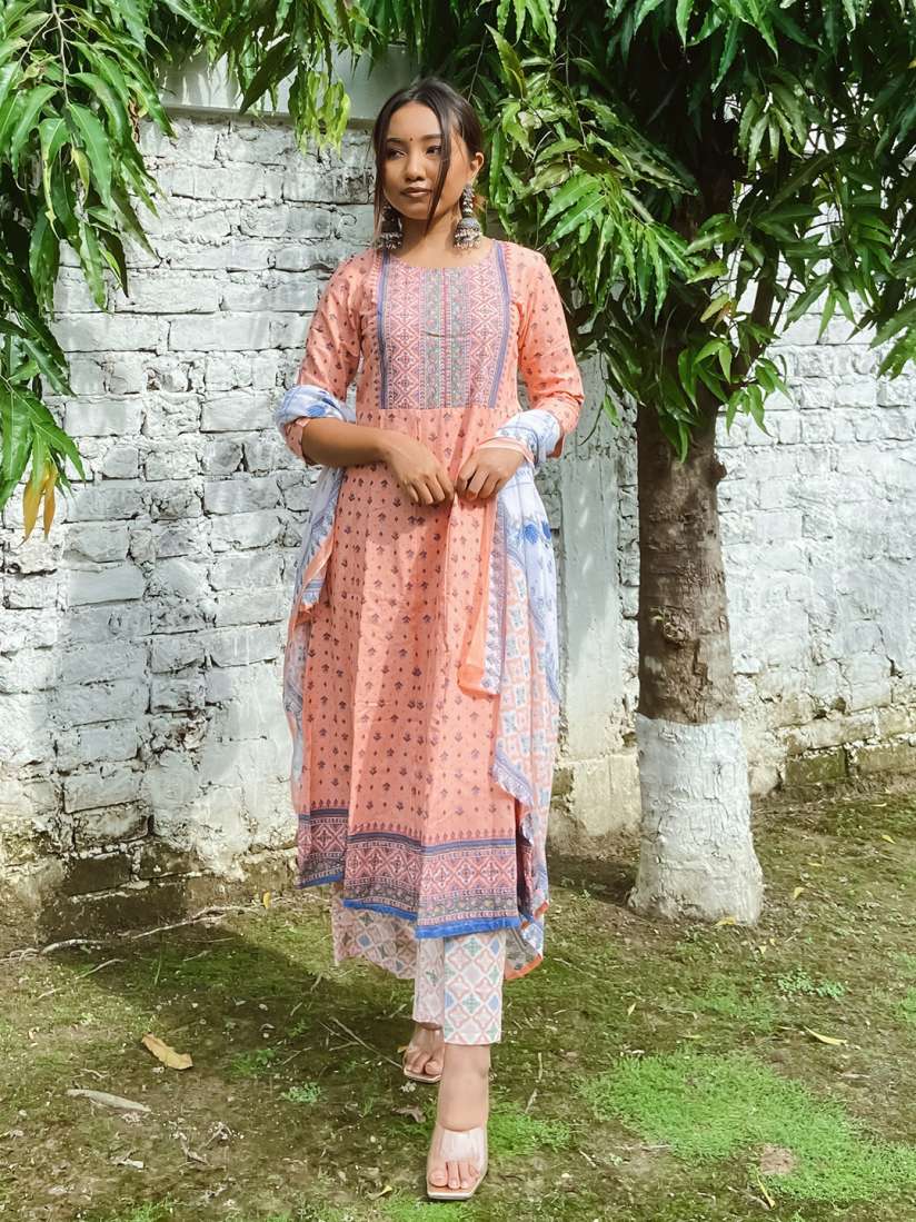 Buy Vishudh Women Orange Floral Panelled Pure Cotton Kurta with Palazzo Dupatta Kurta Sets for Women 18788044 Myntra