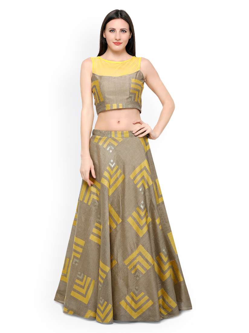 Buy Inddus Mustard Yellow Brown Banarasi Cotton Semi Stitched Lehenga Choli Lehenga Choli for Women 1879620 Myntra
