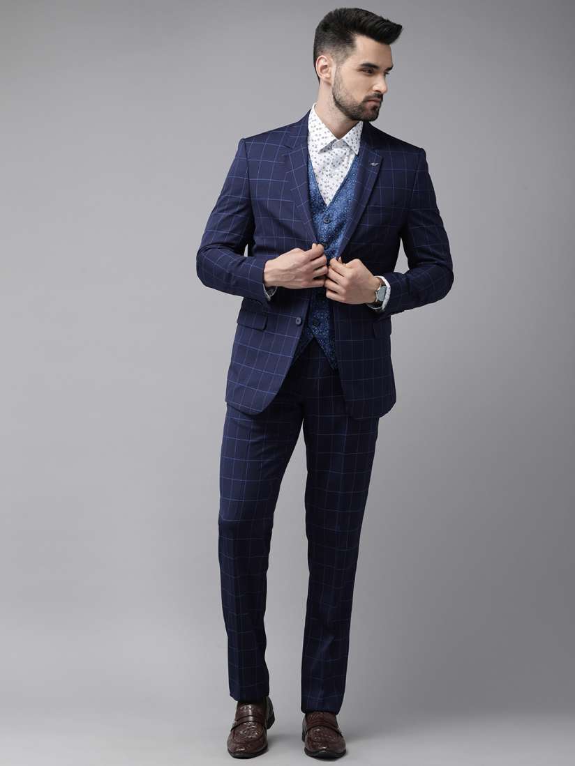 Buy Van Heusen Men Navy Blue Checked Slim Fit 4 Piece Formal Suit Suits for Men 18812374 Myntra