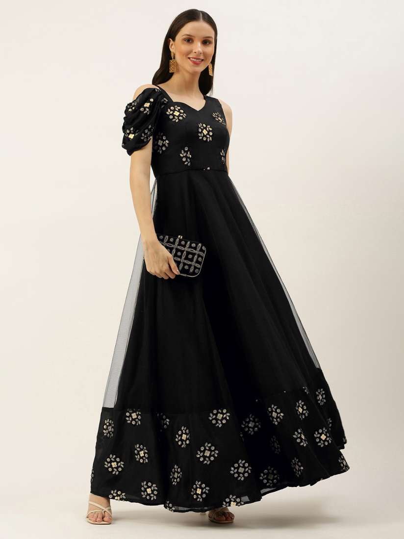 Buy Ethnovog Women Black Made To Measure Embroidered Cold Shoulder Gown Ethnic Dresses for Women 18816440 Myntra