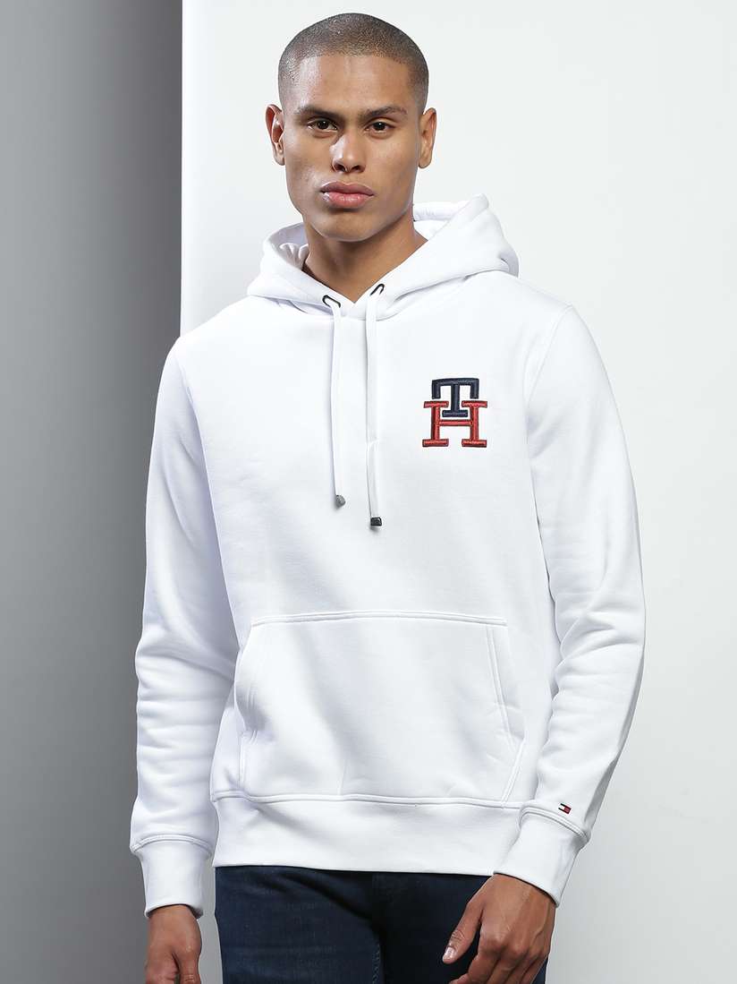 Buy Tommy Hilfiger Men White Embroidered Hooded Cotton Sweatshirt