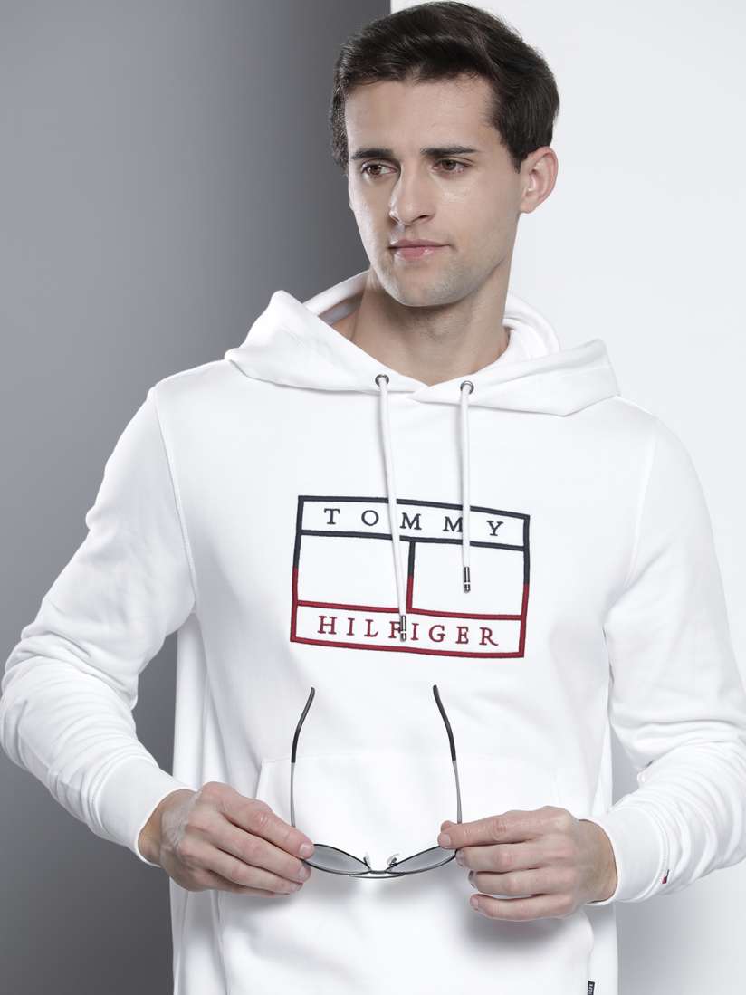 Buy Tommy Hilfiger Men White Brand Logo Embroidered Hooded Sweatshirt Sweatshirts for Men 18820632 Myntra