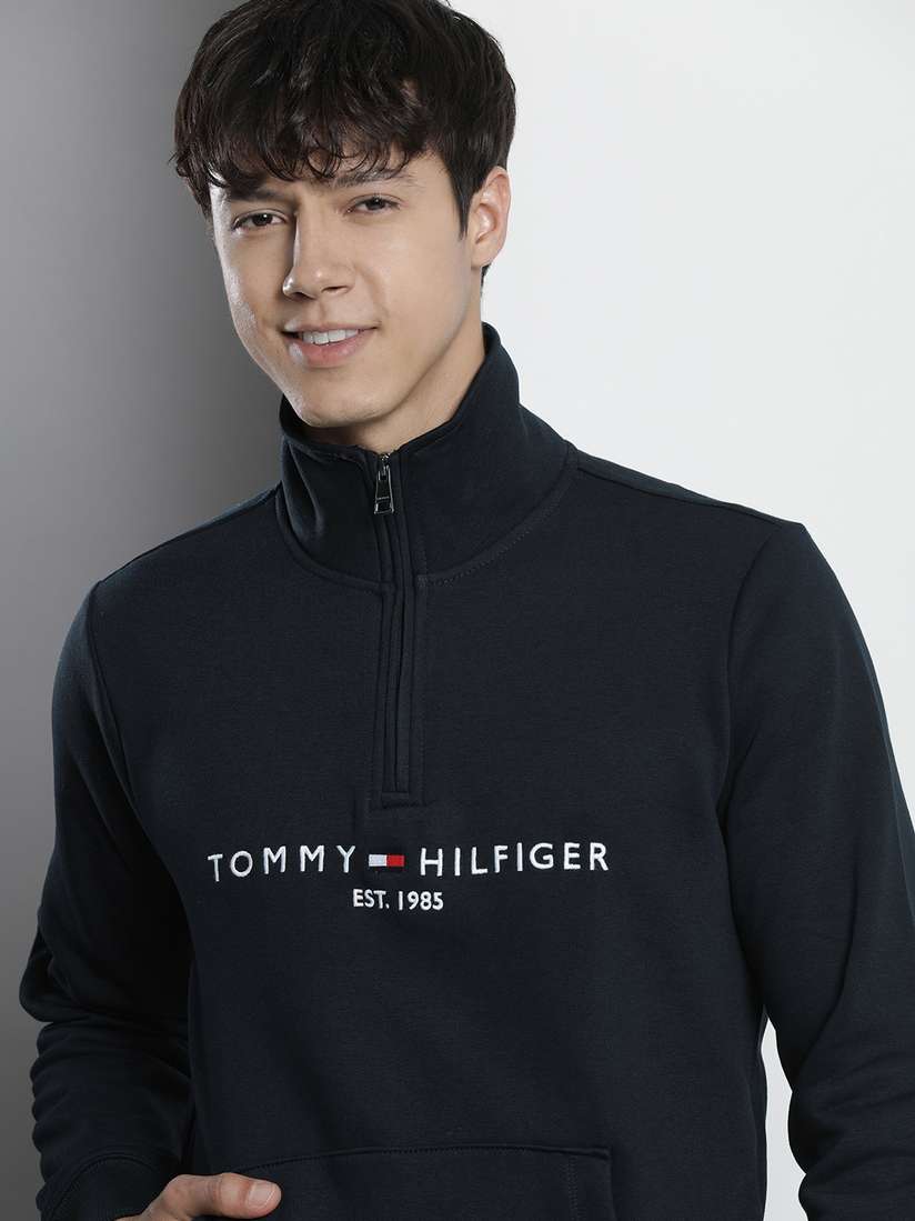 Buy Tommy Hilfiger Men Navy Blue Brand Logo Embroidered Pullover