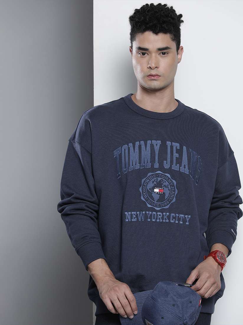 Mens Hoodies Tommy Hilfiger Print Hoodie Crew Neck Mens Blue Tommy