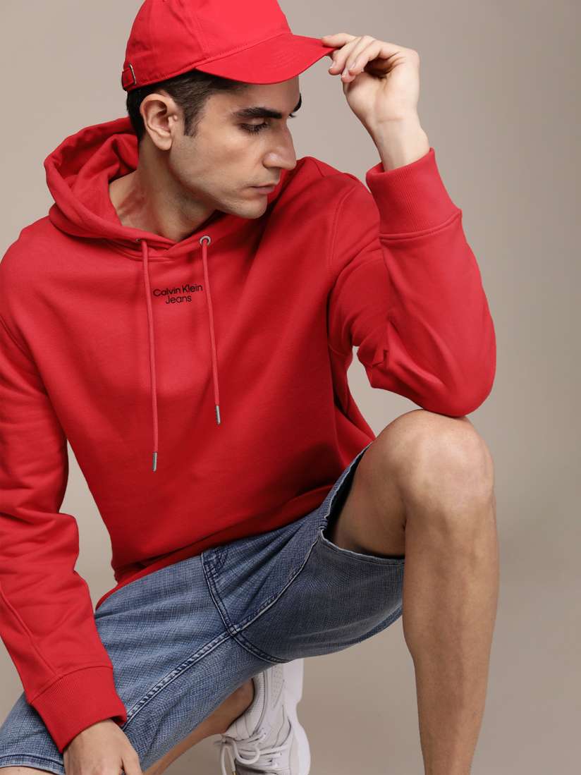 Buy Calvin Klein Jeans Men Red Print Detail Hooded Pure Cotton Sweatshirt Sweatshirts for Men 18828022 Myntra